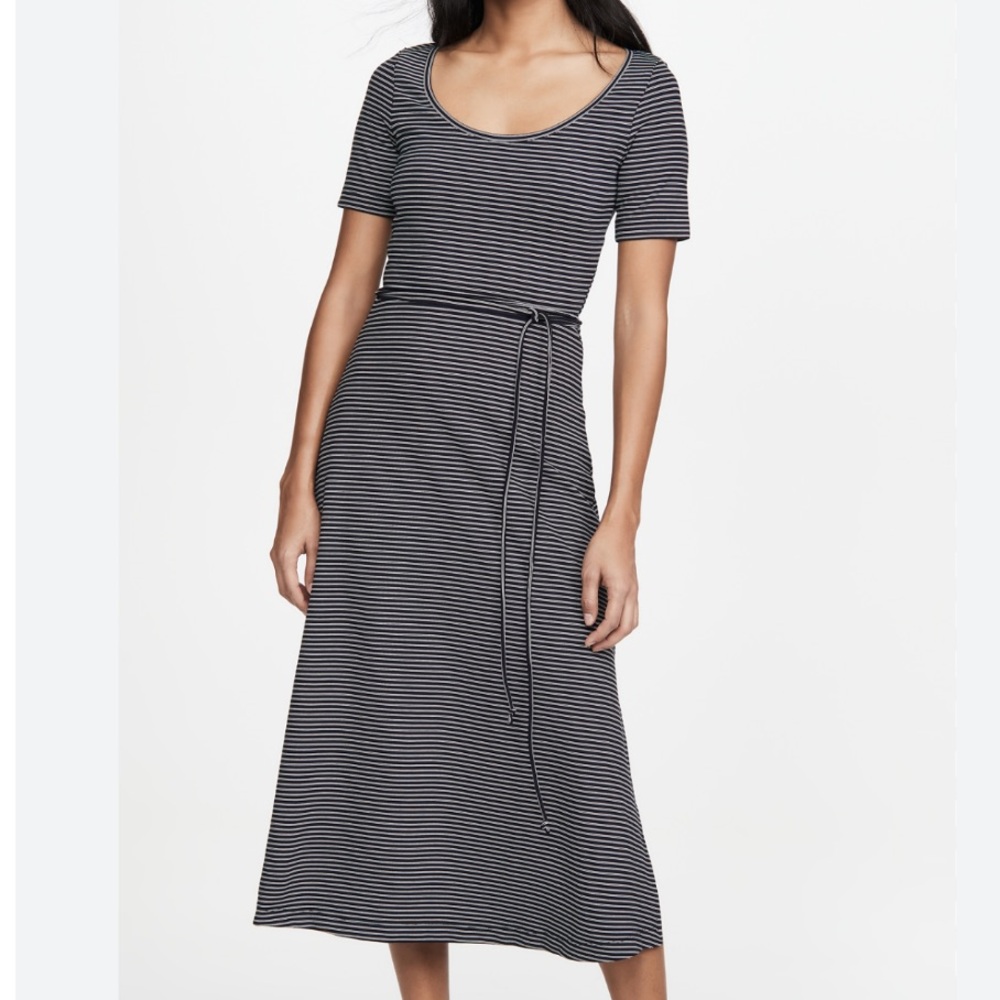 Club Monaco Women Black Striped Short Sleeve Scoop Neck Midi Flare Dress